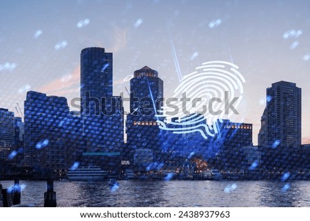 Boston city skyline at dusk with a holographic fingerprint overlaid, double exposure. Digital security concept. Double exposure
