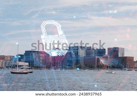 Boston skyline with a hologram of a shield superimposed, digital futuristic graphic, daylight and water in the background. Technology and security concept. Double exposure