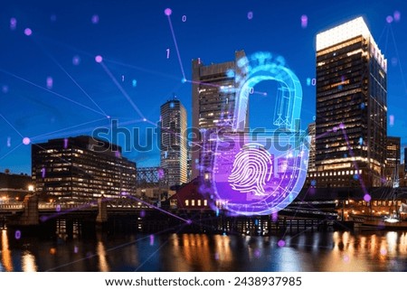 A cityscape of Boston at night with a holographic fingerprint lock and digital connections overlay. Photomontage and security concept. Double exposure