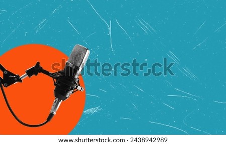 Art collage, microphone on blue background with copy space. Concept for advertisement, webinar or news.