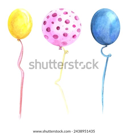 Balloon birthday watercolor drawing set long ribbon. Anniversary holiday celebration yellow, blue, dotted pink purple. Decoration isolated white background. Aquarelle party air. Greeting day bright 