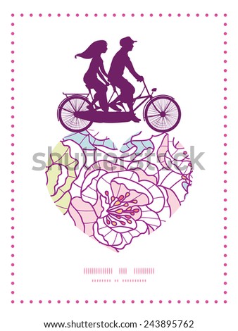 Vector colorful line art flowers couple on tandem bicycle heart silhouette frame pattern greeting card template