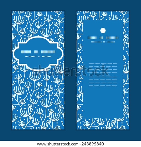 Vector blue white lineart plants vertical frame pattern invitation greeting cards set
