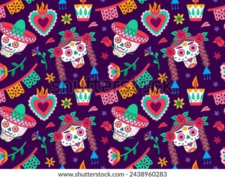 Dia de los Muertos or Day of Dead holiday. Traditional seamless pattern with skull, flowers, candles, garland.