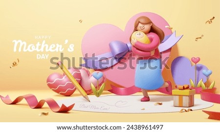 3D Adorable Mothers Day card. Mother holding baby with heart shape decors on beige background. Royalty-Free Stock Photo #2438961497