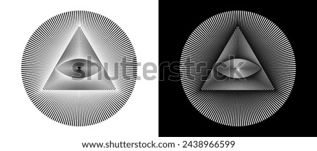 Abstract background with a circle, triangle and eye. Radial lines as spiritual symbol or tattoo. Black shape on a white background and the same white shape on the black side. Royalty-Free Stock Photo #2438966599