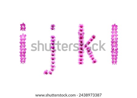 Picture of orchids arranged in letters ijkl isolated on white background.