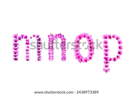 Picture of orchids arranged in letters mnop isolated on white background.