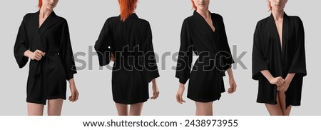 Mockup of black silk robe with belt on slender girl, set of stylish home clothes, isolated on background, front, back view. Women's short kimono template for design, print, pattern, branding Royalty-Free Stock Photo #2438973955