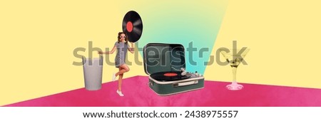Creative retro 3d magazine collage image of carefree excited lady having fun enjoying vintage party isolated colorful background