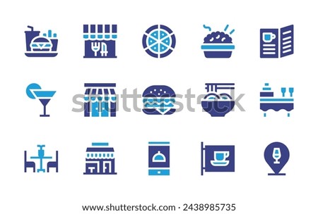 Restaurant icon set. Duotone color. Vector illustration. Containing fast food, rice bowl, pizza, cocktail, yakisoba, burger, table, cafe, restaurant app, restaurant, coffee shop, catering, location.