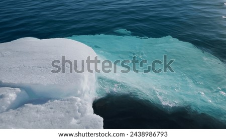Icy Waves: Icebergs amidst ocean waves and a clear blue sky, creating a serene coastal landscape