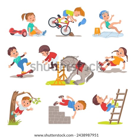 Falling kids. Cute boys and girls stumble and slip. People lose their balance at skateboard or bicycle. Crying children. Injuries and bruises. Teenager climbing tree