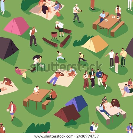 People camping, have a picnic in clearing. Family has fun on barbeque fest. Friends relax in tent city. Repeating patter outdoor entertainment, holiday recreation. Flat vector seamless illustration Royalty-Free Stock Photo #2438994759