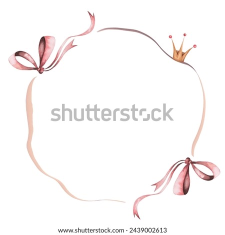Frame with bows. Watercolor elegant pink bows and ribbons in a round wreath. Isolated clip art on white background. Round border for decorating cards and invitations for weddings and birthdays