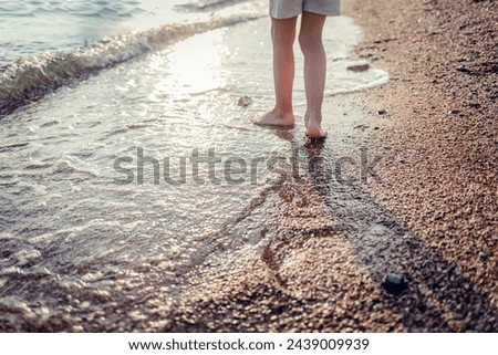 Alone preschooler boy walking barefoot along the seashore during summer holidays. Child having fun in waves on sunset. Family vacation.