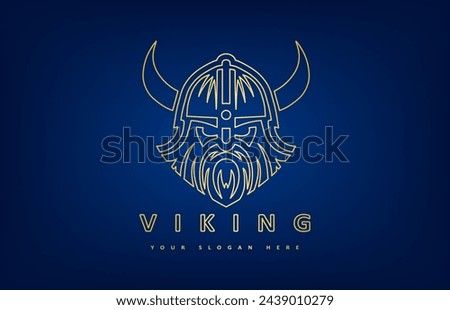 Viking and anchor logo. Scandinavian sailors symbol. Nordic warrior design. Horned Norseman symbol. Barbarian man head icon with horn helmet and beard. Royalty-Free Stock Photo #2439010279