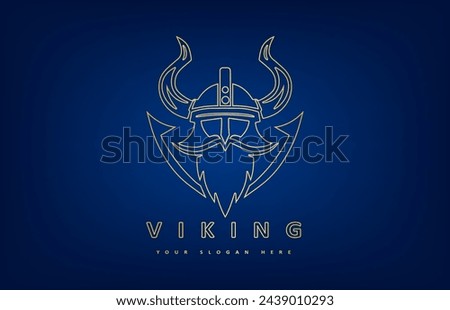 Viking and anchor logo. Scandinavian sailors symbol. Nordic warrior design. Horned Norseman symbol. Barbarian man head icon with horn helmet and beard. Royalty-Free Stock Photo #2439010293
