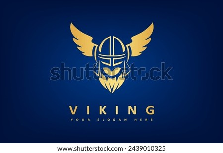 Viking and anchor logo. Scandinavian sailors symbol. Nordic warrior design. Horned Norseman symbol. Barbarian man head icon with horn helmet and beard. Royalty-Free Stock Photo #2439010325