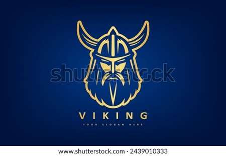Viking and anchor logo. Scandinavian sailors symbol. Nordic warrior design. Horned Norseman symbol. Barbarian man head icon with horn helmet and beard. Royalty-Free Stock Photo #2439010333