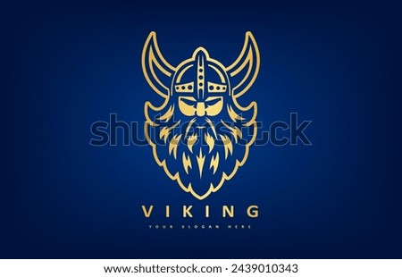 Viking and anchor logo. Scandinavian sailors symbol. Nordic warrior design. Horned Norseman symbol. Barbarian man head icon with horn helmet and beard. Royalty-Free Stock Photo #2439010343