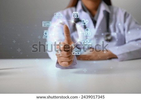 Female doctor showing thumbs up with medical icons. Medical and healthcare services concept