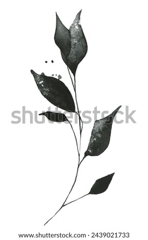 Watercolor painted floral artistic black and dark gray wild branch. Hand drawn illustration. Traced vector watercolour clipart drawing.