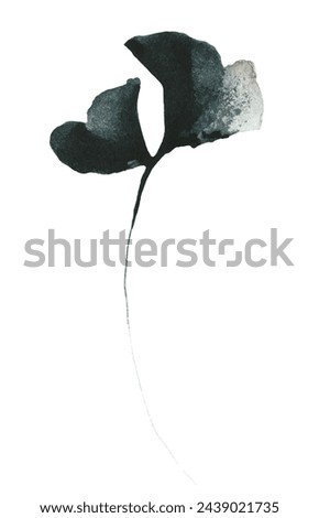 Watercolor painted floral artistic black and dark gray ginko biloba branch. Hand drawn illustration. Traced vector watercolour clipart drawing.