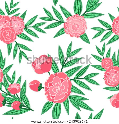 Vector seamless pattern with peonies flowers, leaves and branches. Hand drawing natural texture.