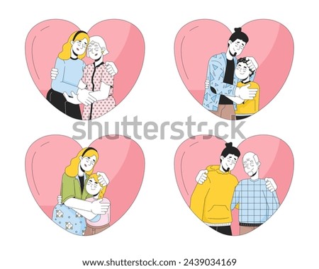 Heart-shaped caucasian family hugs 2D linear cartoon characters set. Heartshaped embrace parents kids isolated line vector people white background. Supportive color flat spot illustrations collection