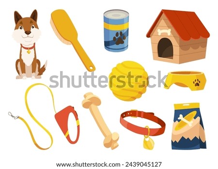 Dog accessories shop icons collection. Pet care supply accessories and decorative products. Petshop supermarket. Pet accessory. Vector illustration in flat style clip art