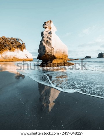A Rock On The Beach With A Reflection In the Water In New Zealand
