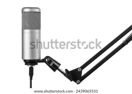 Studio microphone for audio, voice, music recording on the adjustable stand. Isolated on a white background.