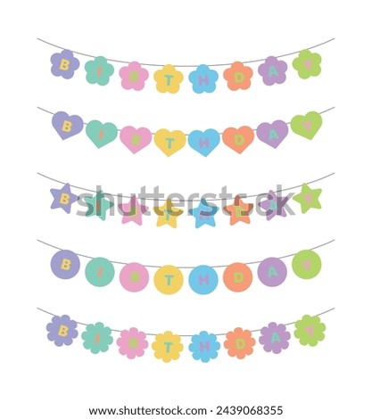 This is a set of colorful and variously shaped garland decoration illustrations. Garland is shaped like hearts, stars, flowers and circles with typography text 'Happy Birthday'.