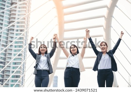 Banner Happy Diversity Teams multiethnic Partners standing with hands together in modern city. Panorama Teamwork group of multi racial confident happiness people joining trust teams partners outdoor