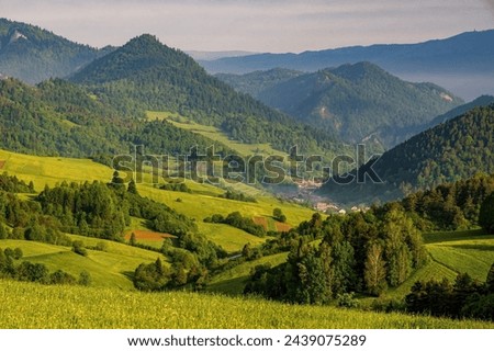 Spring View on Pieniny and Gorce mountain range in Beskids in Poland. Pieniny Mountains in the south of Poland. Located within the Pieniny National Park in Lesser Poland Voivodeship. Poland - Slovakia Royalty-Free Stock Photo #2439075289