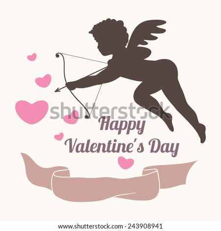 Valentines day design elements. Hearts, ribbon and cupid silhouette