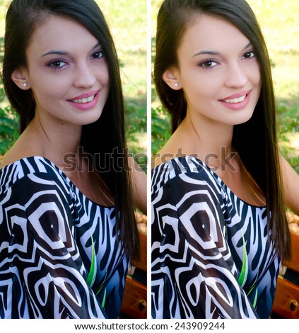 Portrait of a beautiful girl smiling sitting on a bench in the park, before and after retouching with photoshop, Edited photos being compared.