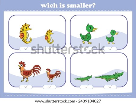 Education game for children choose the smaller picture of cute cartoon wild animals printable worksheet