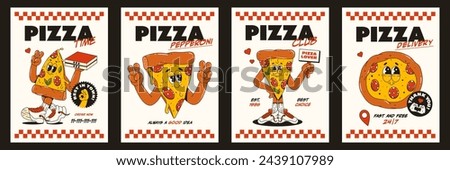 A set of cool pizza posters. Trendy retro groovy character style. Pizza delivery. Brochures for restaurants, pizzerias, cafes.