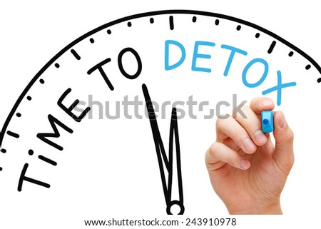 Hand writing Time to Detox concept with blue marker on transparent wipe board. Royalty-Free Stock Photo #243910978