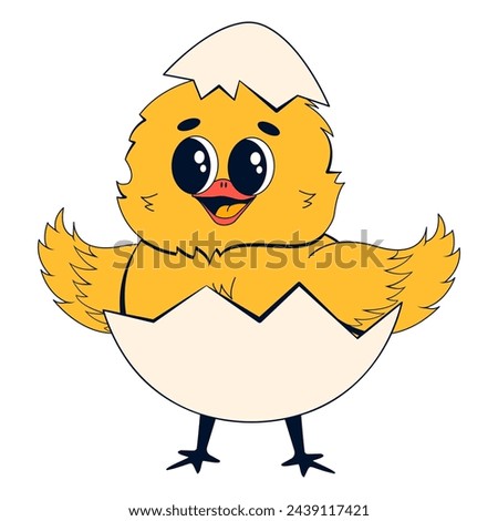 Baby chicken in eggshell. Vector illustration of a chicken character in retro cartoon style.