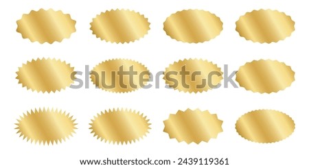 Set of silver and golden oval stickers with wiggle and zigzag borders. Shining labels, badges, price tags, coupons with undulated and jagged edges isolated on white background. Vector illustration. Royalty-Free Stock Photo #2439119361