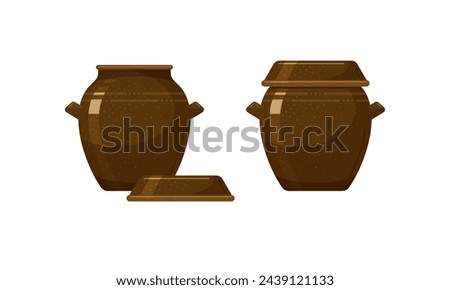Korean earthenware pots, clay onggi for traditional food, kimchi and sause storage. Antique onggi, ceramic utensil from Korea. Vintage traditional asian brown clay pots with lids, vector cartoon set Royalty-Free Stock Photo #2439121133