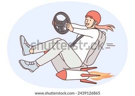 Excited woman in car seat driving fast have rockets under chair. Smiling female driver enjoy speed racing. Automobiles with turbo regime. Vector illustration.