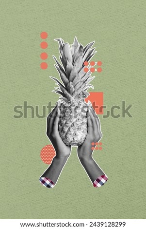 3D photo collage composite trend artwork sketch image of black white silhouette two hands hold between pineapple fruit like bored head