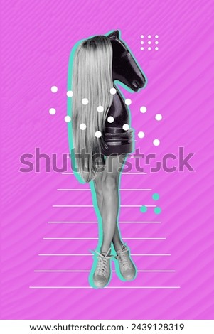 Vertical collage picture woman legs headless caricature concept horse chess knight figure shoes sneakers feet drawing background