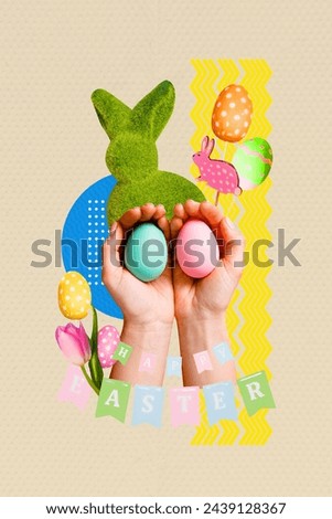 Composite collage picture image of hands hold eggs rabbit grass bush garland easter concept unusual fantasy billboard comics