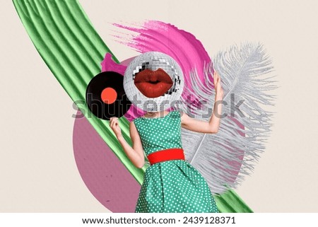 Collage artwork graphics picture of funky lady disco ball instead head enjoying pin up party isolated painting background