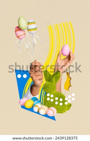 Creative drawing collage picture of hands hold eggs decor bunny grass bush figure easter concept billboard comics zine minimal